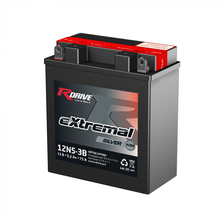Аккумулятор RDrive 12N5-3B 12V 5Ah 75А обр. пол. AGM сухозаряж. (119x59x130) eXtremal SILVER