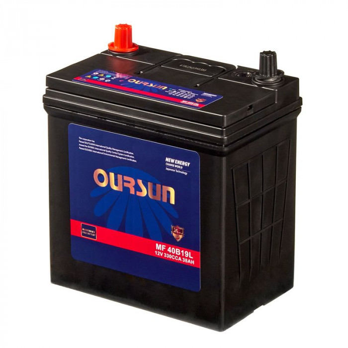 Аккумулятор OURSUN JIS MF 40B19L 38Ач 330А 196x128x222 обр. пол.