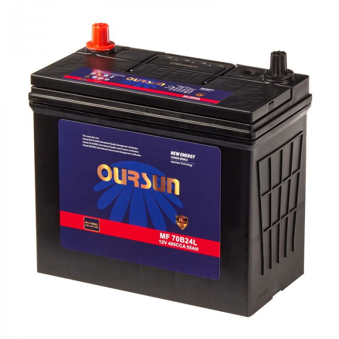Аккумулятор OURSUN JIS MF 70B24L 55Ач 480А 237x128x221 обр. пол.