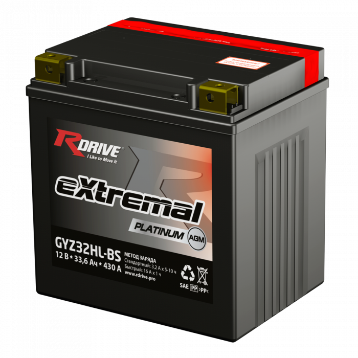 Аккумулятор RDrive GYZ32HL-BS 33.6Ah 430А обр. пол. AGM (167x126x175) eXtremal PLATINUM сухозаряж.