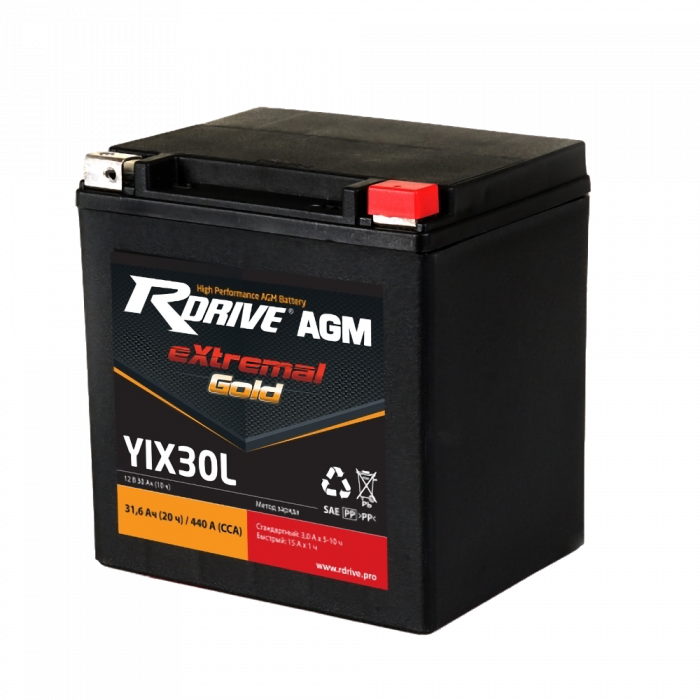 Аккумулятор RDrive YIX30L-BS 12V 30Ah 440А AGM обр. (169x125x175) eXtremal GOLD