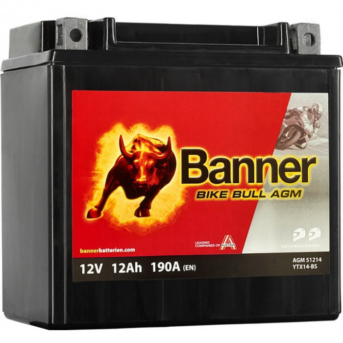 Аккумулятор Banner Bike Bull AGM 51214 YTX14-BS 12 Ач прям. пол. 190А (150x87x146) сухозаряж.