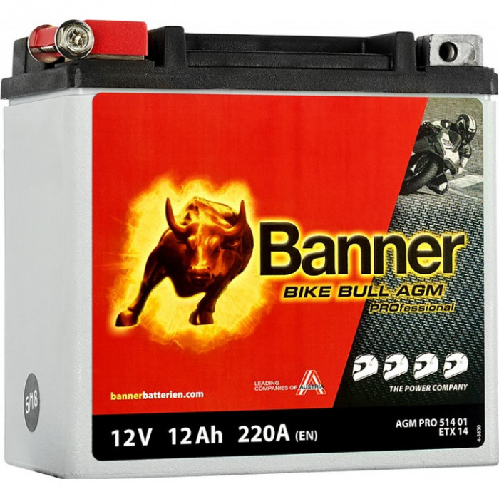 Аккумулятор Banner Bike Bull AGM PROfessional 51401 ETX14 12 Ач прям. пол. 220А (150x87x146)