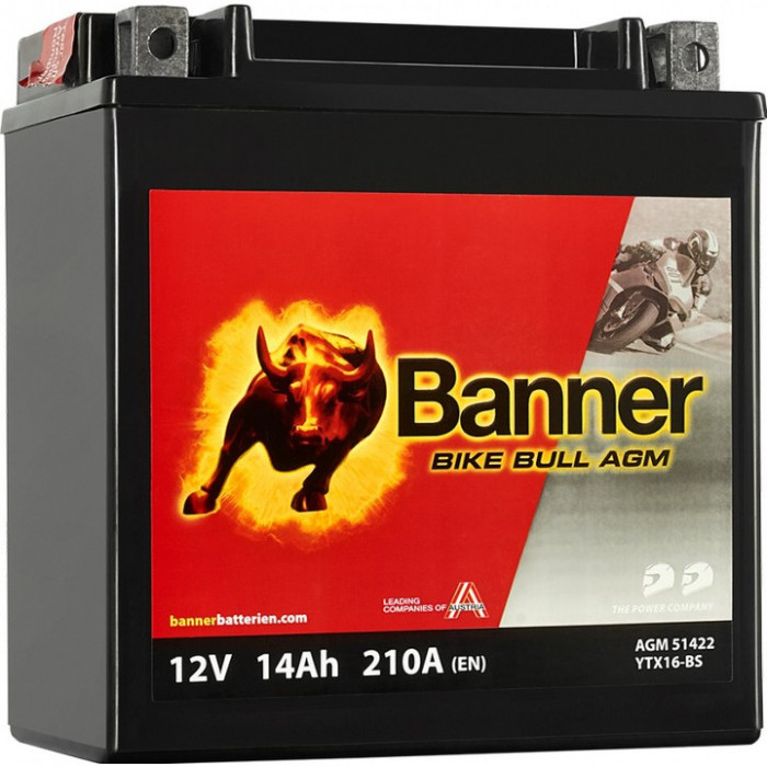 Аккумулятор Banner Bike Bull AGM 51422 14 Ач прям. пол. 210А (150x88x154) YTX16-BS сухозаряж.