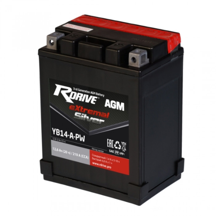 Аккумулятор RDrive YB14-A-PW 12V 12Ah 210А прям. пол. AGM сухозаряж. (134x90x164) eXtremal SILVER