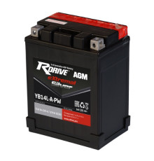 Аккумулятор RDrive YB14L-A-PW 12V 12Ah 210А обр. пол. AGM сухозаряж. (134x90x166) eXtremal SILVER