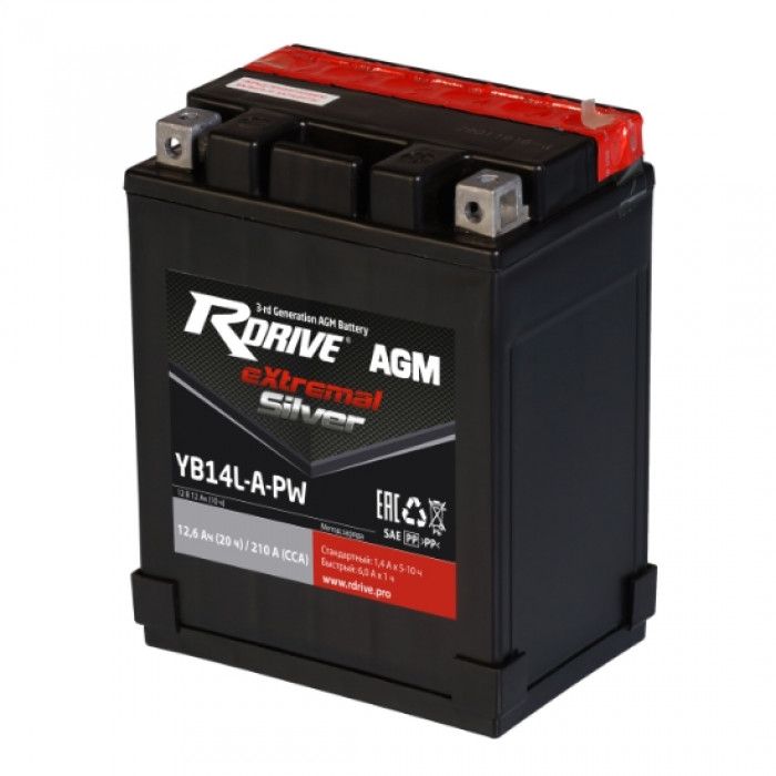 Аккумулятор RDrive YB14L-A-PW 12V 12Ah 210А обр. пол. AGM сухозаряж. (134x90x166) eXtremal SILVER