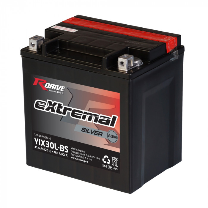 Аккумулятор RDrive YIX30L-BS 12V 30Ah 385Аобр. AGM сухозаряж. (165x125x175) eXtremal SILVER