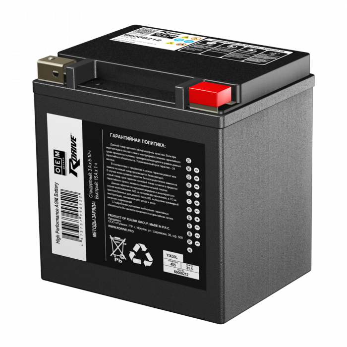 Аккумулятор RDrive OEM AGM YIX30L 12V 31.5Ah 405А обр. пол. (166x126x175) 66000212 HARLEY DAVIDSON
