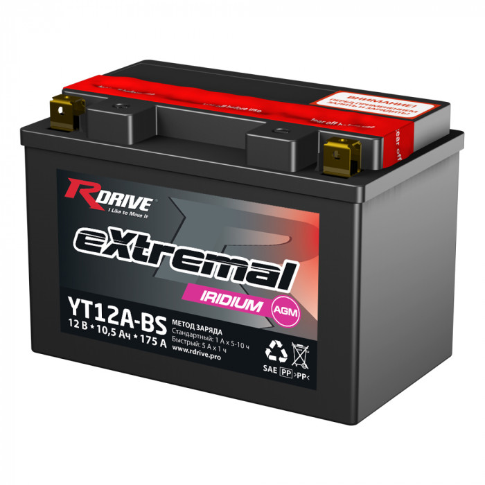Аккумулятор RDrive YT12A-BS 12V 10.5Ah 175А прям. пол. AGM сухозаряж. (150x87x105) eXtremal IRIDIUM