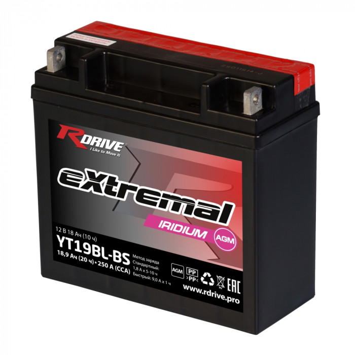 Аккумулятор RDrive YT19BL-BS 12V 18.9Ah 250А обр. пол. AGM сухозаряж. (182x77x168) eXtremal IRIDIUM