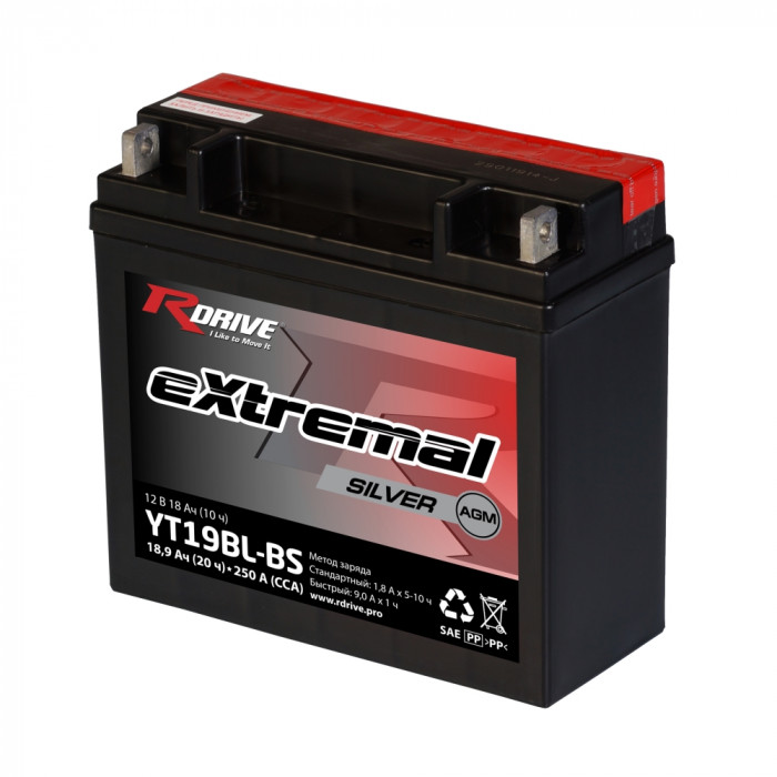 Аккумулятор RDrive YT19BL-BS 12V 18.9Ah 275А обр. пол. AGM сухозаряж. (182x77x168) eXtremal SILVER