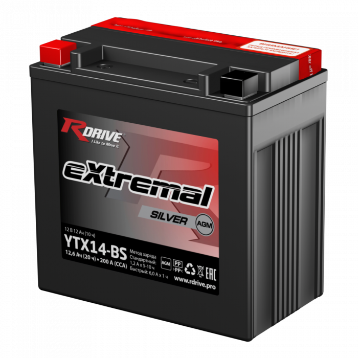 Аккумулятор RDrive YTX14-BS 12V 12Ah 200А прям. пол. AGM сухозаряж. (150x87x145) eXtremal SILVER