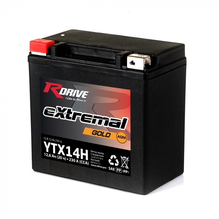 Аккумулятор RDrive YTX14H 12V 12Ah 230А прям. пол. AGM (150x87x145) eXtremal GOLD