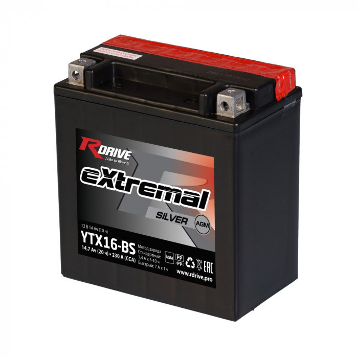 Аккумулятор RDrive YTX16-BS 12V 14Ah 230А прям. пол. AGM сухозаряж.(150x87x161) eXtremal SILVER