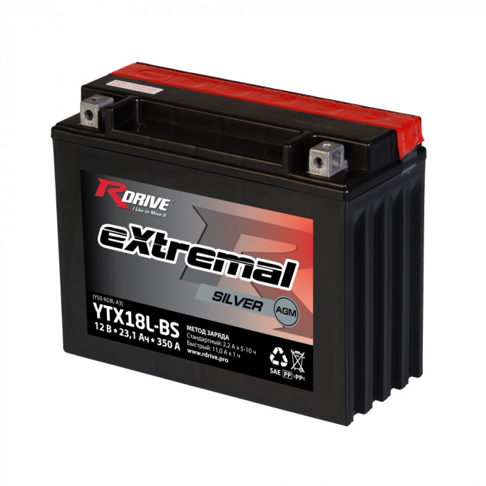 Аккумулятор RDrive YTX18L-BS 12V 18.9Ah 250А обр. пол. AGM сухозаряж. (205x87x162) eXtremal SILVER