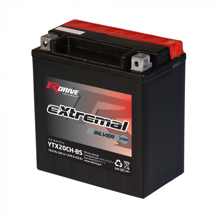 Аккумулятор RDrive YTX20CH-BS 12V 18Ah 250А прям. пол. AGM сухозаряж. (150x87x161) eXtremal SILVER