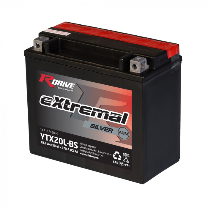 Аккумулятор RDrive YTX20L-BS 12V 18Ah 270А обр. пол. AGM сухозаряж. (176x87x154) eXtremal SILVER