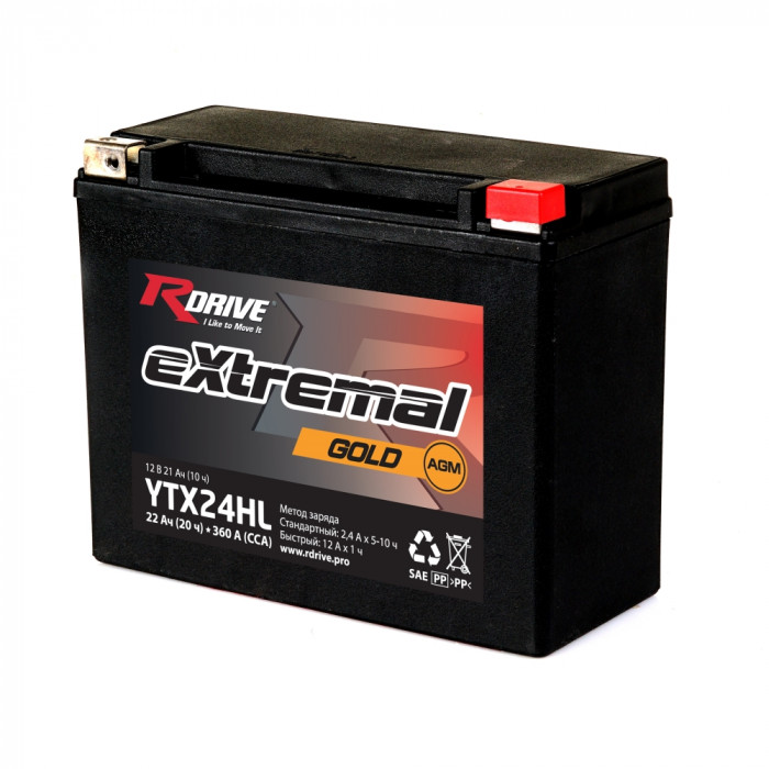 Аккумулятор RDrive YTX24HL-BS 12V 21Ah 360А обр. пол. AGM  (205x90x162) eXtremal GOLD