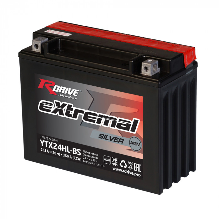 Аккумулятор RDrive YTX24HL-BS 12V 21Ah 350А обр. пол. AGM сухозаряж. (205x87x162) eXtremal SILVER