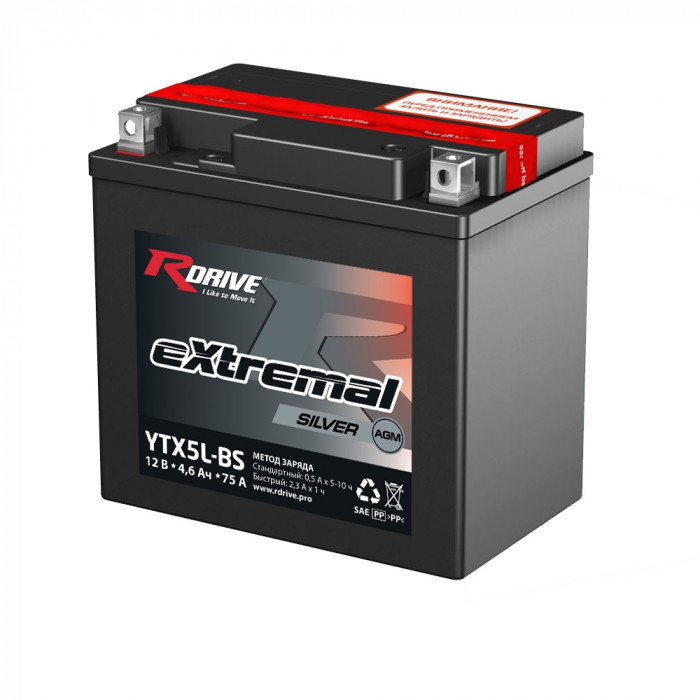 Аккумулятор RDrive YTX5L-BS 12V 4Ah 70А обр. пол. AGM сухозаряж. (113x70x105) eXtremal SILVER