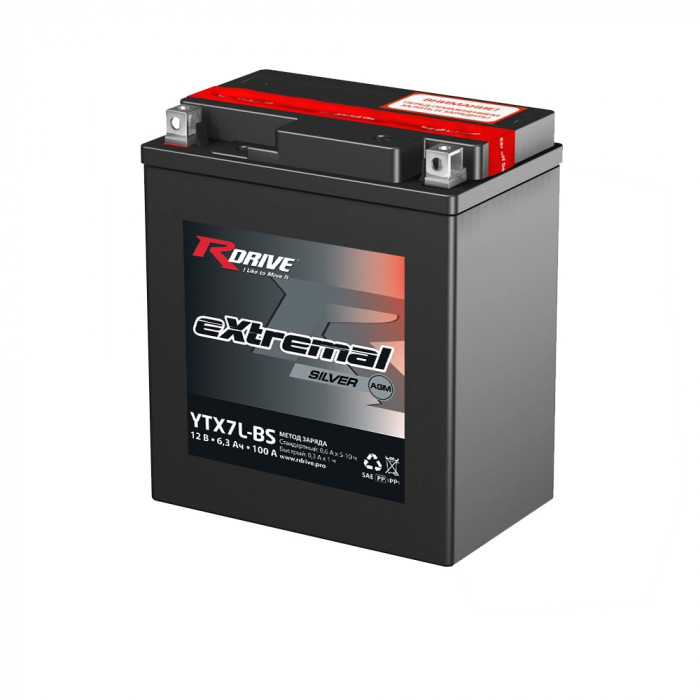 Аккумулятор RDrive YTX7L-BS 12V 6Ah 110А обр. пол. AGM сухозаряж. (113x70x130) eXtremal SILVER