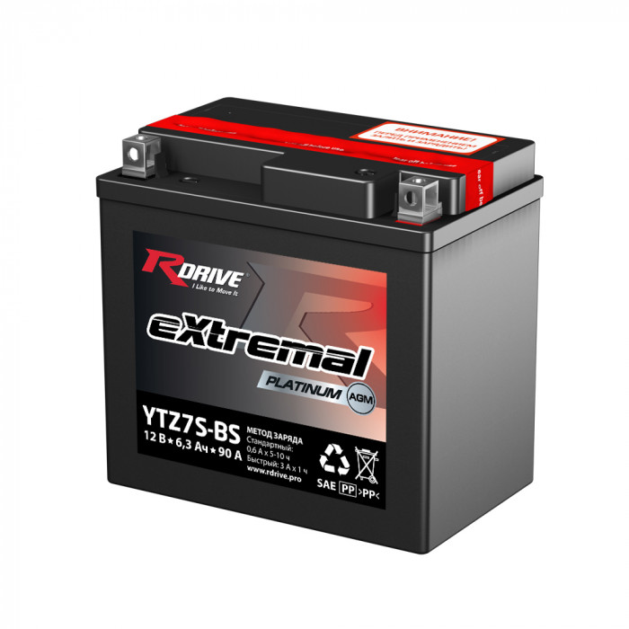 Аккумулятор RDrive YTZ7S 12V 6Ah 130А обр. пол. AGM (113x70x105) eXtremal PLATINUM
