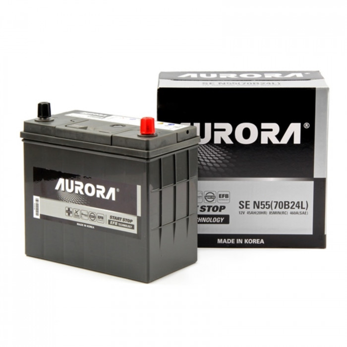 Аккумулятор автомобильный AURORA JIS EFB N55 (70B24L) 45 Ач (тонкие клеммы) 460А обр. пол. 238x128x220