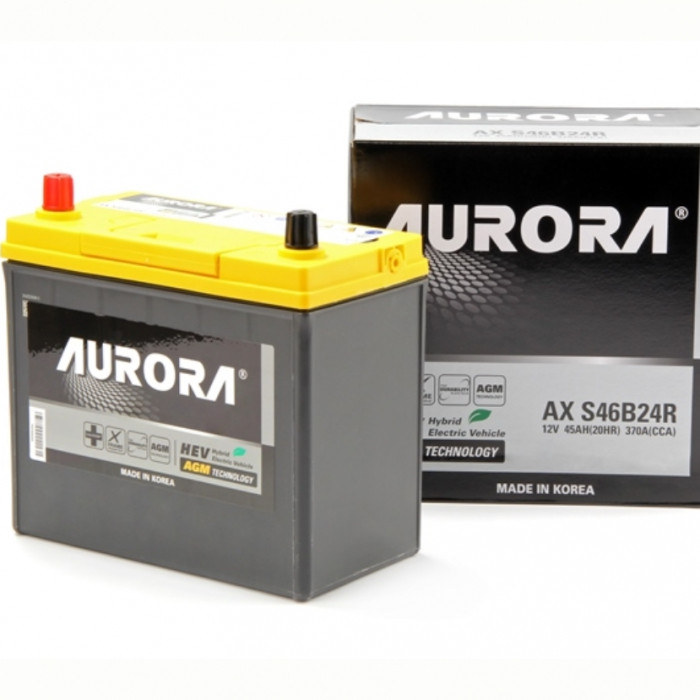 Аккумулятор автомобильный AURORA JIS AGM AX S46B24R 45 Ач (тонкие клеммы) 370А пр. пол. 238x128x220