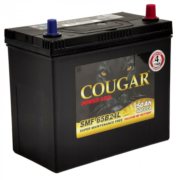 Аккумулятор автомобильный Cougar 65B24L 50 Ач (тонкие клеммы) 480А обр. пол. 238x128x220