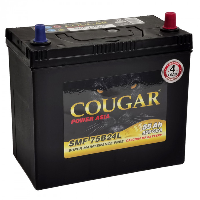 Аккумулятор автомобильный Cougar 75B24LS 55 Ач 520А обр. пол. 238x128x220