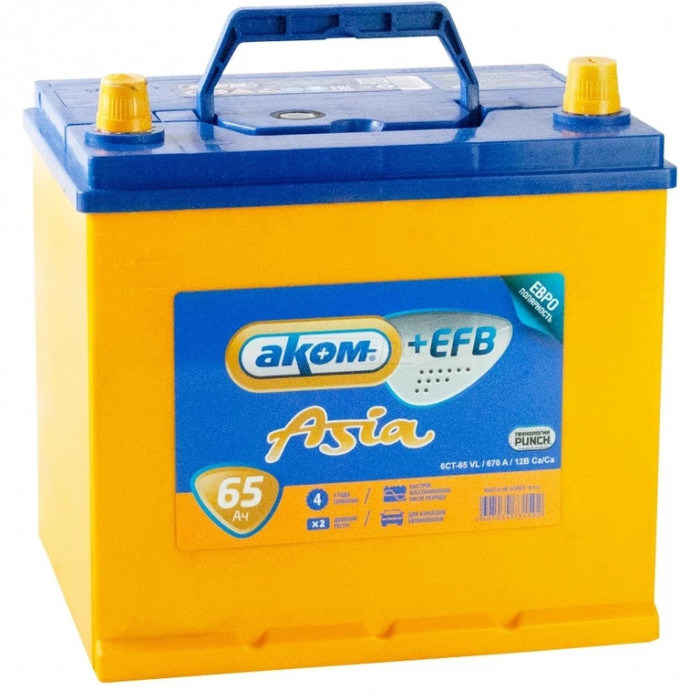 Аккумулятор АКОМ ASIA EFB 65R обр. пол. 670A 232x173x220