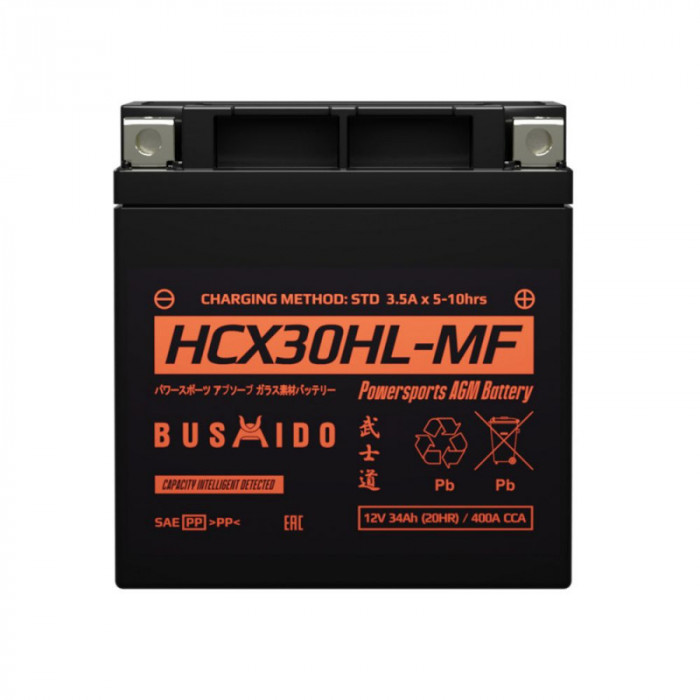 Аккумулятор Мото AGM BUSHIDO HCX30HL-MF 34Ач 400A обр. пол. 166x127x175 (YIX30L, GYZ32HL)