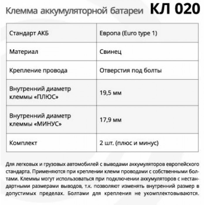 Клемма АКБ КЛ 020