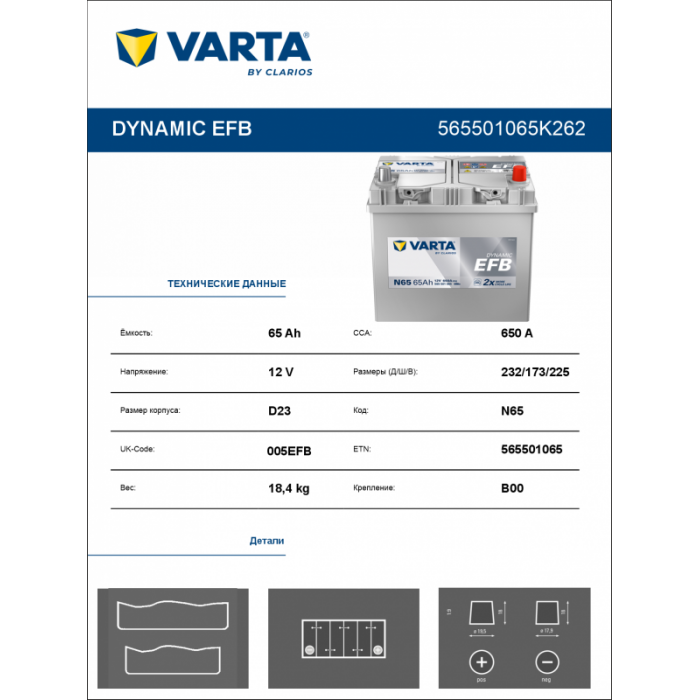 Аккумулятор Varta EFB N65 65 Ач обр. пол. 650A 232x173x225