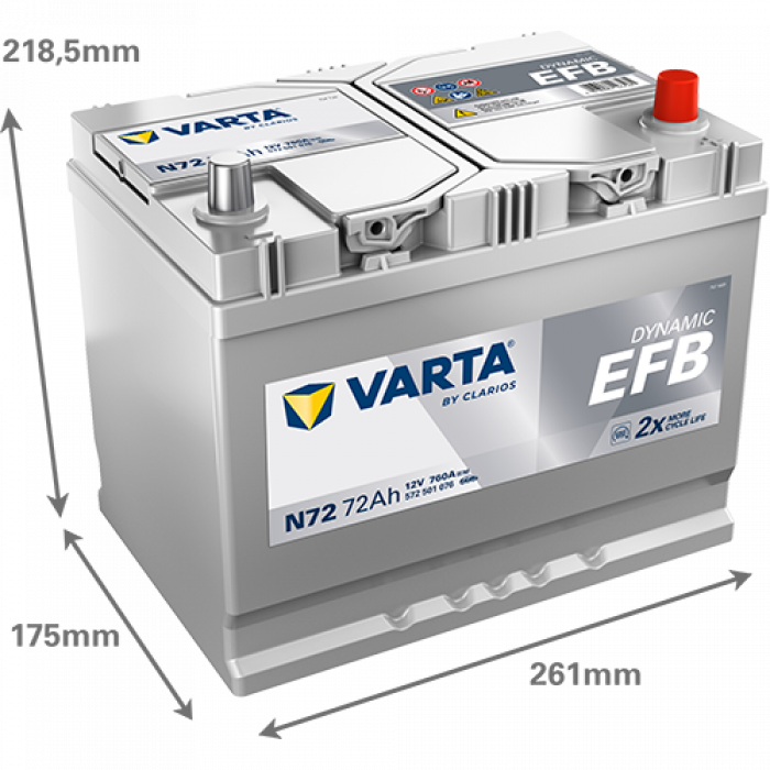 Аккумулятор Varta EFB N72 72 Ач обр. пол. 760A 261x175x220