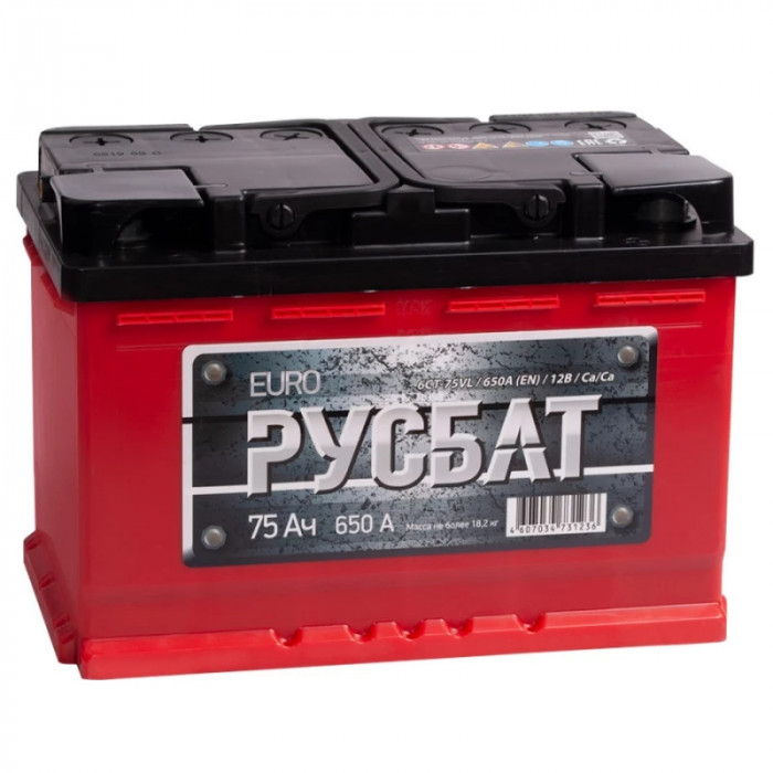 Аккумулятор РУСБАТ+ 75L обр. пол. 680A 278x175x190