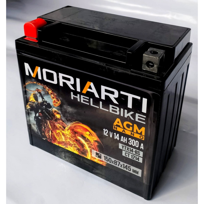 Аккумулятор для мототехники Moriarti HELL BIKE AGM 14Ач 300А прям. пол. 150х87х145 (YTX14-BS, СТ 1214)