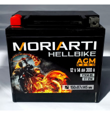 Аккумулятор для мототехники Moriarti HELL BIKE AGM 14Ач 300А прям. пол. 150х87х145 (YTX14-BS, СТ 1214)