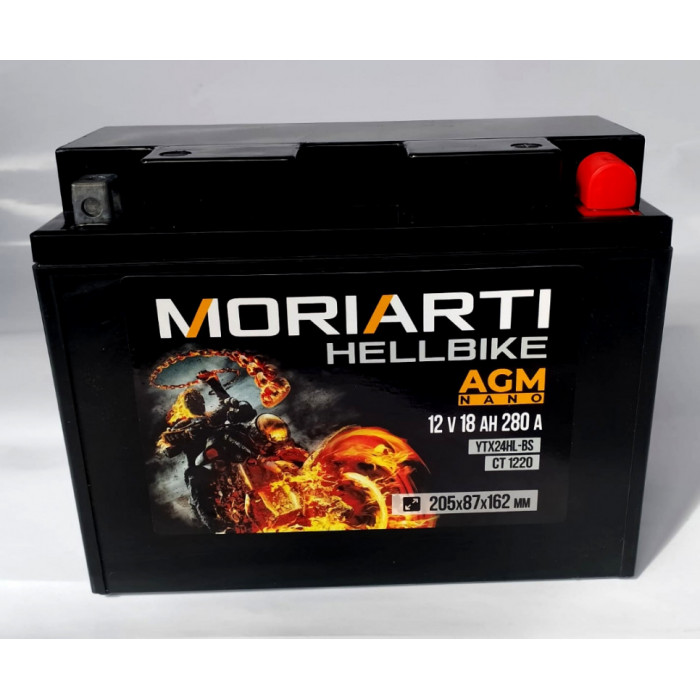 Аккумулятор для мототехники Moriarti HELL BIKE AGM 18Ач 280А обр. пол. 205х87х162 (YTX24HL-BS, СТ 1220)