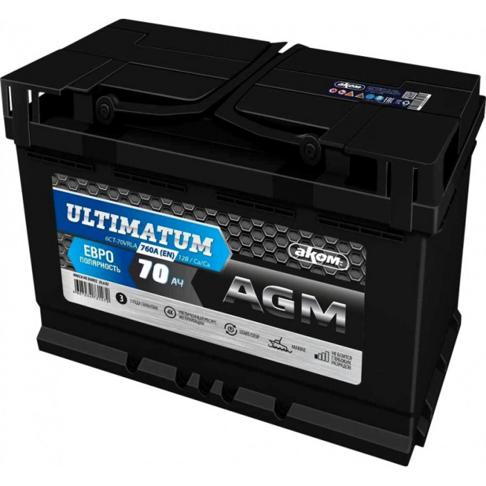 Аккумулятор Аком Ultimatum AGM 70R обр. пол. 760A 278x175x190