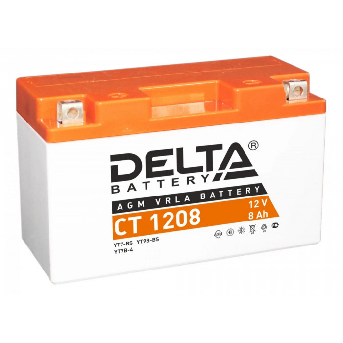 Аккумулятор Мото DELTA CT 1208 8Ач 130A прям. пол. 150x66x95 (YT7B-BS, YT7B-4)