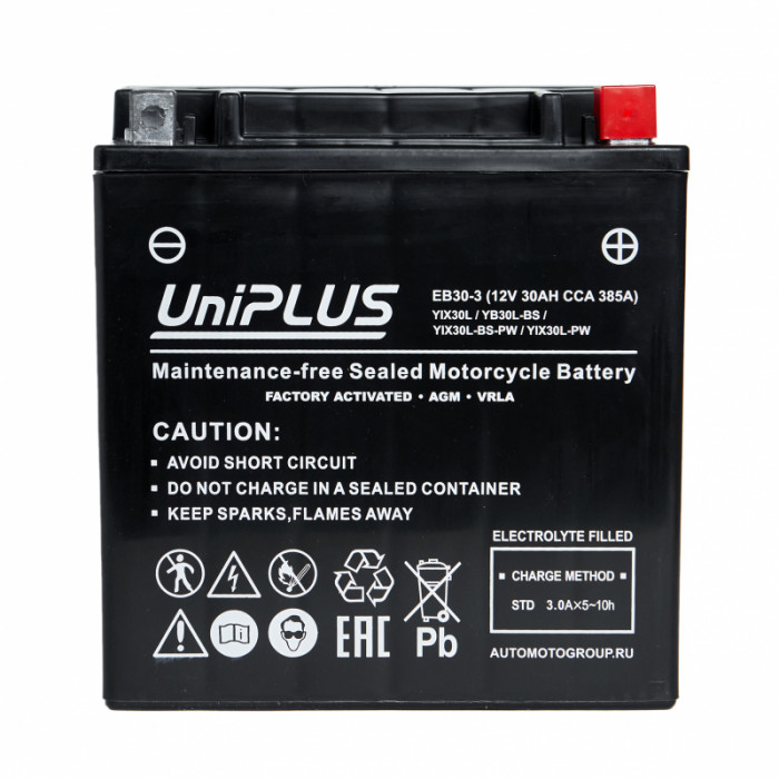 Аккумулятор Uplus EB30-3 12V 30Ah 385А обр.пол. (166x126x173) Super Start AGM