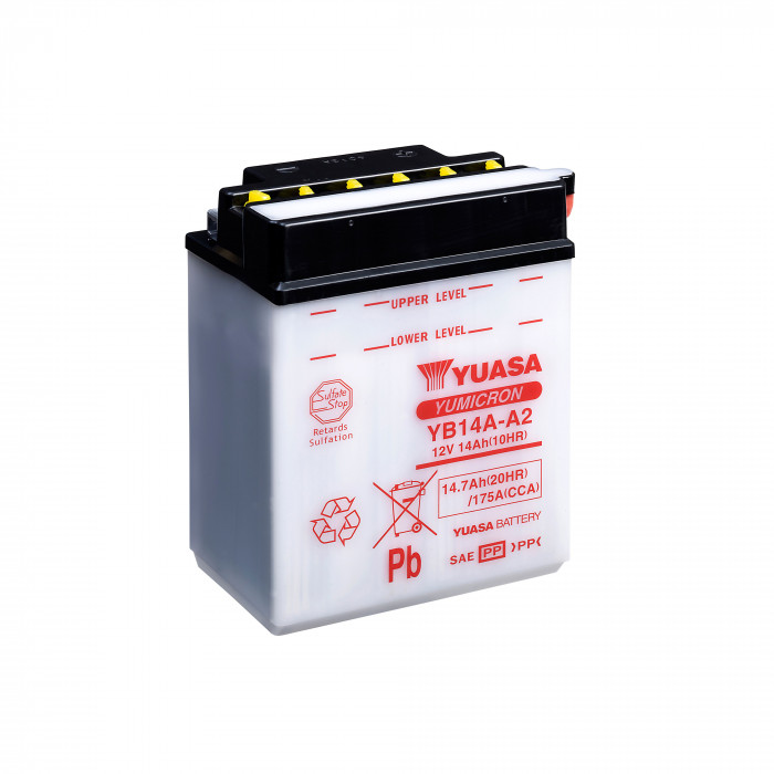 Аккумулятор Yuasa YB14A-A2 - 14.7 Ач 175A (134x89x176) прям. пол. Heavy Duty сухозаряж.
