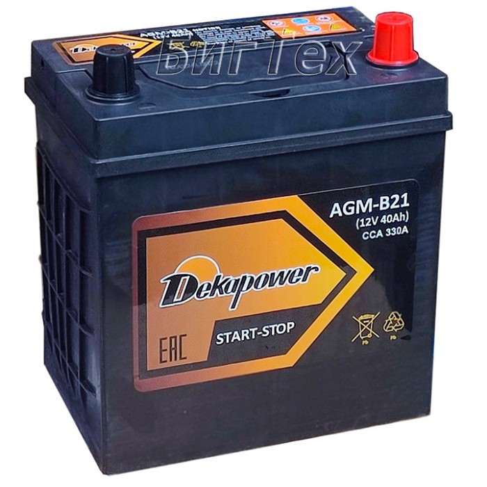 Аккумулятор автомобильный DEKAPOWER AGM-B21L 40Ah 330А обр. пол. 187x127x220